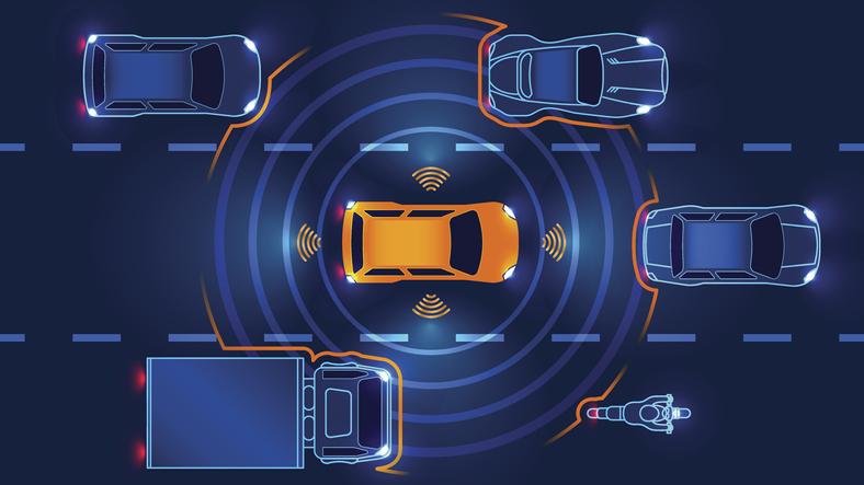 An illustration showing adaptive cruise control, which shall be fully explained in automotive tech training.