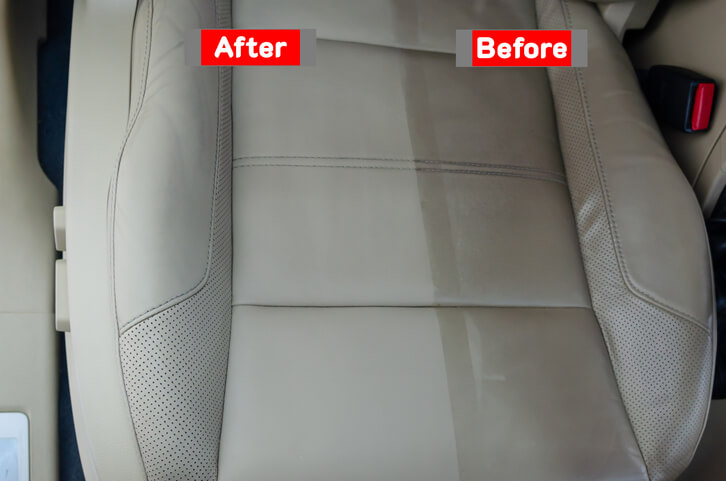 Before and after picture of a car seat during auto detailing training