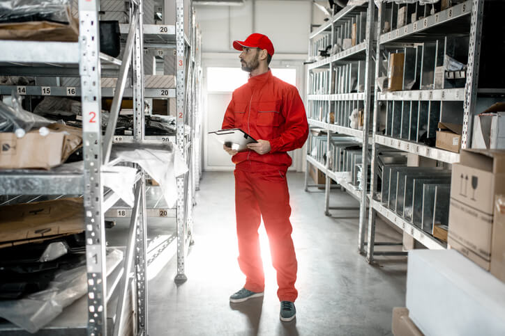 An auto part technician inspecting an auto parts warehouse storage system.