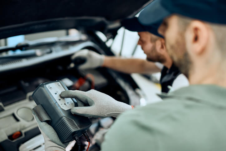 A technician using a scan tool after a battery reset