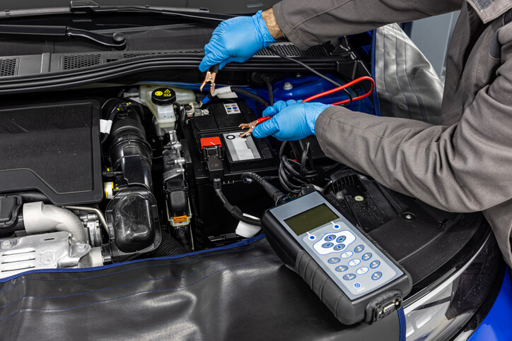 An auto mechanic training graduate using a diagnostics scanner