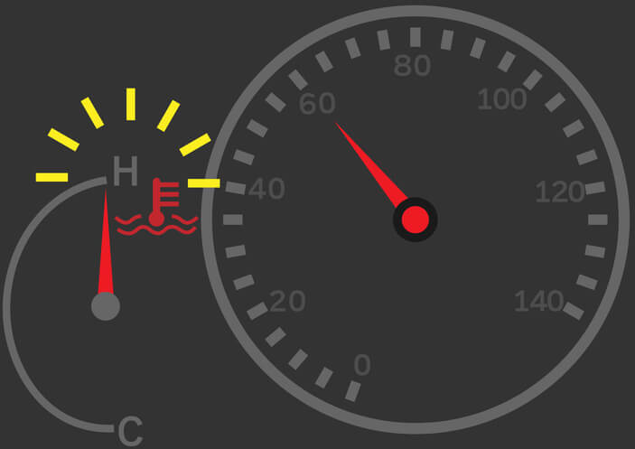 An engine overheating warning light on a modern car dashboard