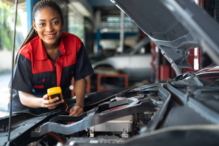 An automotive Service Technician program student practising diagnostic tests in the ATC Surrey workshop
