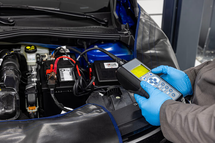 An automotive technician using an automotive oscilloscope to test battery and charging system voltage in a repair shop.