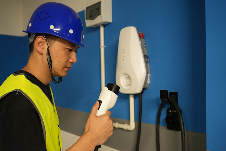 Technician inspecting an EV charging port during a replacement procedure