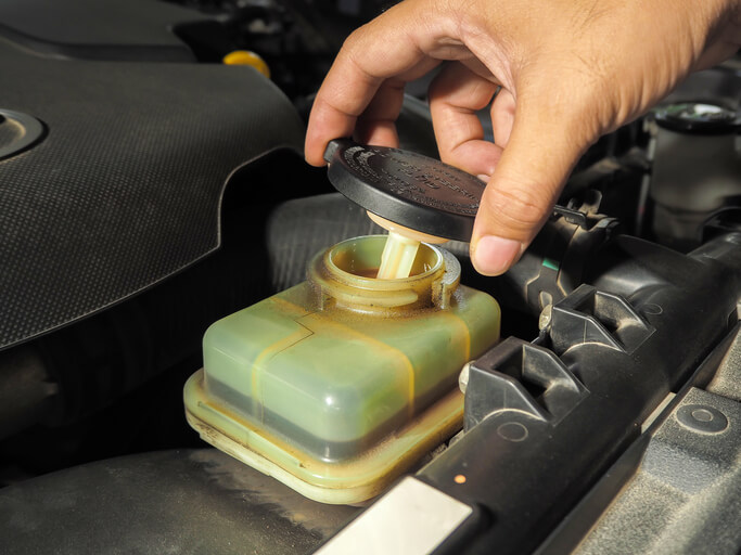 A mechanic is inspecting the power steering reservoir during vehicle maintenance