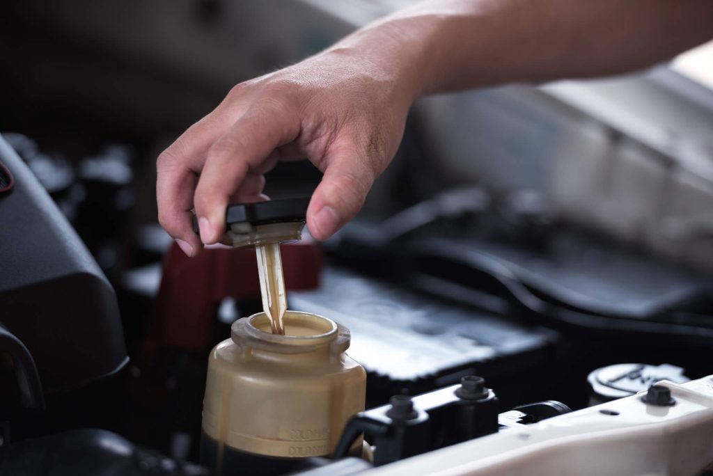 Student checking power steering fluid level and colour before servicing a steering system