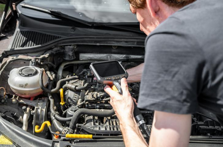 A technician inspecting battery connections and electrical grounds