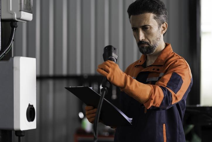 A technician diagnosing an EV charging communication problem