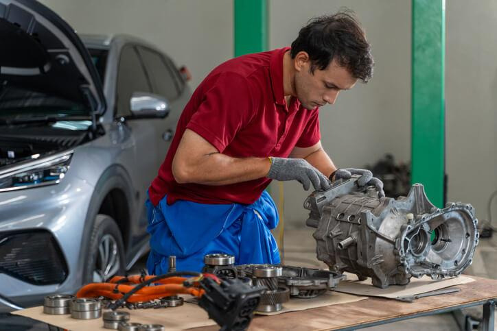 A mechanic inspecting a transfer case for fluid leaks and damage