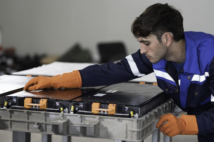 A student examining battery management system components during automotive training