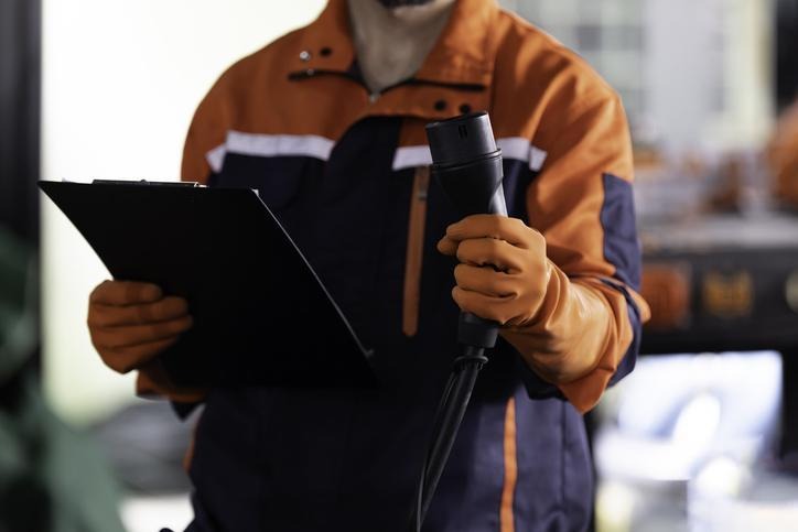 A future EV technician performing charging-system safety checks
